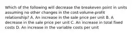 Which of the following will decrease the breakeven point in units assuming no other changes in the cost-volume-profit relationship? A. An increase in the sale price per unit B. A decrease in the sale price per unit C. An increase in total fixed costs D. An increase in the variable costs per unit