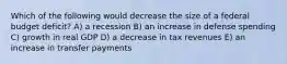 Which of the following would decrease the size of a federal budget deficit? A) a recession B) an increase in defense spending C) growth in real GDP D) a decrease in tax revenues E) an increase in transfer payments