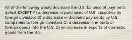 All of the following would decrease the U.S. balance of payments deficit EXCEPT A) a decrease in purchases of U.S. securities by foreign investors B) a decrease in dividend payments by U.S. companies to foreign investors C) a decrease in imports of foreign goods into the U.S. D) an increase in exports of domestic goods from the U.S.