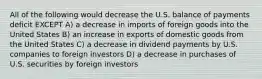 All of the following would decrease the U.S. balance of payments deficit EXCEPT A) a decrease in imports of foreign goods into the United States B) an increase in exports of domestic goods from the United States C) a decrease in dividend payments by U.S. companies to foreign investors D) a decrease in purchases of U.S. securities by foreign investors