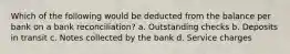 Which of the following would be deducted from the balance per bank on a bank reconciliation? a. Outstanding checks b. Deposits in transit c. Notes collected by the bank d. Service charges