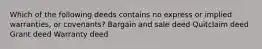 Which of the following deeds contains no express or implied warranties, or covenants? Bargain and sale deed Quitclaim deed Grant deed Warranty deed