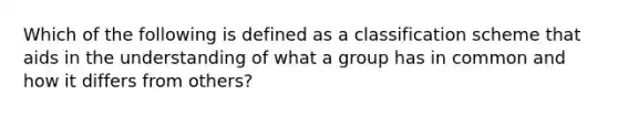 Which of the following is defined as a classification scheme that aids in the understanding of what a group has in common and how it differs from others?