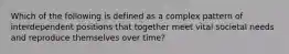 Which of the following is defined as a complex pattern of interdependent positions that together meet vital societal needs and reproduce themselves over time?