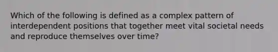 Which of the following is defined as a complex pattern of interdependent positions that together meet vital societal needs and reproduce themselves over time?