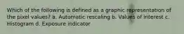 Which of the following is defined as a graphic representation of the pixel values? a. Automatic rescaling b. Values of interest c. Histogram d. Exposure indicator