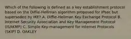 Which of the following is defined as a key establishment protocol based on the Diffie-Hellman algorithm proposed for IPsec but superseded by IKE? A. Diffie-Hellman Key Exchange Protocol B. Internet Security Association and Key Management Protocol (ISAKMP) C. Simple Key-management for Internet Protocols (SKIP) D. OAKLEY