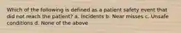 Which of the following is defined as a patient safety event that did not reach the patient? a. Incidents b. Near misses c. Unsafe conditions d. None of the above