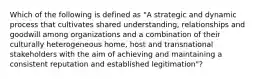 Which of the following is defined as "A strategic and dynamic process that cultivates shared understanding, relationships and goodwill among organizations and a combination of their culturally heterogeneous home, host and transnational stakeholders with the aim of achieving and maintaining a consistent reputation and established legitimation"?