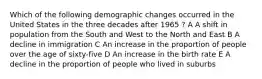 Which of the following demographic changes occurred in the United States in the three decades after 1965 ? A A shift in population from the South and West to the North and East B A decline in immigration C An increase in the proportion of people over the age of sixty-five D An increase in the birth rate E A decline in the proportion of people who lived in suburbs