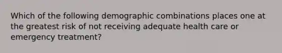 Which of the following demographic combinations places one at the greatest risk of not receiving adequate health care or emergency treatment?