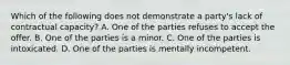 Which of the following does not demonstrate a party's lack of contractual capacity? A. One of the parties refuses to accept the offer. B. One of the parties is a minor. C. One of the parties is intoxicated. D. One of the parties is mentally incompetent.