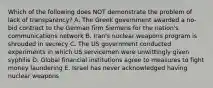 Which of the following does NOT demonstrate the problem of lack of transparency? A. The Greek government awarded a no-bid contract to the German firm Siemens for the nation's communications network B. Iran's nuclear weapons program is shrouded in secrecy C. The US government conducted experiments in which US servicemen were unwittingly given syphilis D. Global financial institutions agree to measures to fight money laundering E. Israel has never acknowledged having nuclear weapons