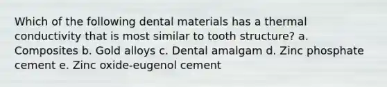 Which of the following dental materials has a thermal conductivity that is most similar to tooth structure? a. Composites b. Gold alloys c. Dental amalgam d. Zinc phosphate cement e. Zinc oxide-eugenol cement