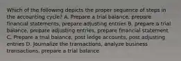 Which of the following depicts the proper sequence of steps in the accounting cycle? A. Prepare a trial balance, prepare financial statements, prepare adjusting entries B. prepare a trial balance, prepare adjusting entries, prepare financial statement C. Prepare a trial balance, post ledge accounts, post adjusting entries D. Journalize the transactions, analyze business transactions, prepare a trial balance