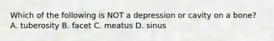 Which of the following is NOT a depression or cavity on a bone? A. tuberosity B. facet C. meatus D. sinus