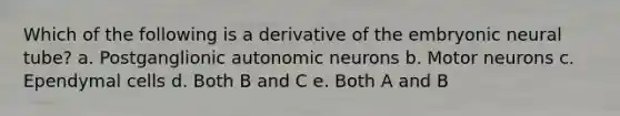 Which of the following is a derivative of the embryonic neural tube? a. Postganglionic autonomic neurons b. Motor neurons c. Ependymal cells d. Both B and C e. Both A and B