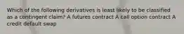 Which of the following derivatives is least likely to be classified as a contingent claim? A futures contract A call option contract A credit default swap