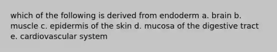 which of the following is derived from endoderm a. brain b. muscle c. epidermis of the skin d. mucosa of the digestive tract e. cardiovascular system