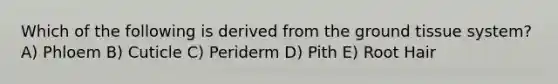 Which of the following is derived from the <a href='https://www.questionai.com/knowledge/kb0kKBaH0H-ground-tissue' class='anchor-knowledge'>ground tissue</a> system? A) Phloem B) Cuticle C) Periderm D) Pith E) Root Hair