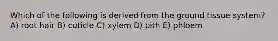 Which of the following is derived from the ground tissue system? A) root hair B) cuticle C) xylem D) pith E) phloem