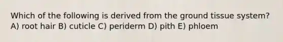 Which of the following is derived from the ground tissue system? A) root hair B) cuticle C) periderm D) pith E) phloem