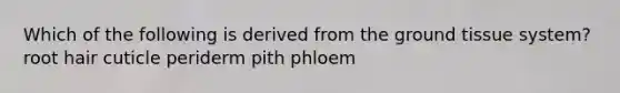 Which of the following is derived from the ground tissue system? root hair cuticle periderm pith phloem