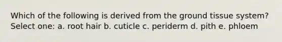 Which of the following is derived from the ground tissue system? Select one: a. root hair b. cuticle c. periderm d. pith e. phloem