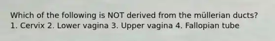 Which of the following is NOT derived from the müllerian ducts? 1. Cervix 2. Lower vagina 3. Upper vagina 4. Fallopian tube