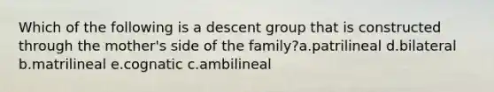 Which of the following is a descent group that is constructed through the mother's side of the family?a.patrilineal d.bilateral b.matrilineal e.cognatic c.ambilineal