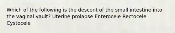 Which of the following is the descent of the small intestine into the vaginal vault? Uterine prolapse Enterocele Rectocele Cystocele