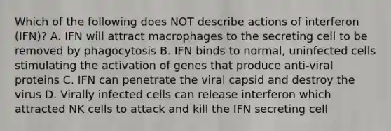 Which of the following does NOT describe actions of interferon (IFN)? A. IFN will attract macrophages to the secreting cell to be removed by phagocytosis B. IFN binds to normal, uninfected cells stimulating the activation of genes that produce anti-viral proteins C. IFN can penetrate the viral capsid and destroy the virus D. Virally infected cells can release interferon which attracted NK cells to attack and kill the IFN secreting cell