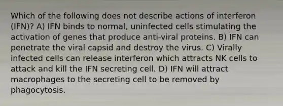 Which of the following does not describe actions of interferon (IFN)? A) IFN binds to normal, uninfected cells stimulating the activation of genes that produce anti-viral proteins. B) IFN can penetrate the viral capsid and destroy the virus. C) Virally infected cells can release interferon which attracts NK cells to attack and kill the IFN secreting cell. D) IFN will attract macrophages to the secreting cell to be removed by phagocytosis.