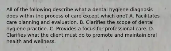 All of the following describe what a dental hygiene diagnosis does within the process of care except which one? A. Facilitates care planning and evaluation. B. Clarifies the scope of dental hygiene practice. C. Provides a focus for professional care. D. Clarifies what the client must do to promote and maintain oral health and wellness.