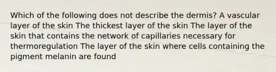 Which of the following does not describe the dermis? A vascular layer of the skin The thickest layer of the skin The layer of the skin that contains the network of capillaries necessary for thermoregulation The layer of the skin where cells containing the pigment melanin are found