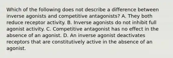 Which of the following does not describe a difference between inverse agonists and competitive antagonists? A. They both reduce receptor activity. B. Inverse agonists do not inhibit full agonist activity. C. Competitive antagonist has no effect in the absence of an agonist. D. An inverse agonist deactivates receptors that are constitutively active in the absence of an agonist.