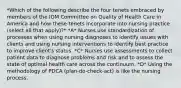 *Which of the following describe the four tenets embraced by members of the IOM Committee on Quality of Health Care in America and how these tenets incorporate into nursing practice (select all that apply)?* *A* Nurses use standardization of processes when using nursing diagnoses to identify issues with clients and using nursing interventions to identify best practice to improve client's status. *C* Nurses use assessments to collect patient data to diagnose problems and risk and to assess the state of optimal health care across the continuum. *D* Using the methodology of PDCA (plan-do-check-act) is like the nursing process.