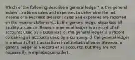 Which of the following describe a general ledger? a. the general ledger combines sales and expenses to determine the net income of a business (Reason: sales and expenses are reported on the income statement). b. the general ledger describes all liability accounts (Reason: a general ledger is a record of all accounts used by a business). c. the general ledger is a record containing all accounts used by a company. d. the general ledger is a record of all transactions in alphabetical order (Reason: a general ledger is a record of all accounts, but they are not necessarily in alphabetical order).