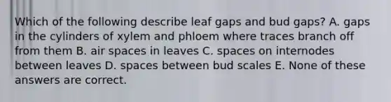 Which of the following describe leaf gaps and bud gaps? A. gaps in the cylinders of xylem and phloem where traces branch off from them B. air spaces in leaves C. spaces on internodes between leaves D. spaces between bud scales E. None of these answers are correct.