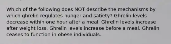 Which of the following does NOT describe the mechanisms by which ghrelin regulates hunger and satiety? Ghrelin levels decrease within one hour after a meal. Ghrelin levels increase after weight loss. Ghrelin levels increase before a meal. Ghrelin ceases to function in obese individuals.