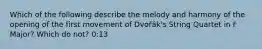 Which of the following describe the melody and harmony of the opening of the first movement of Dvořák's String Quartet in F Major? Which do not? 0:13