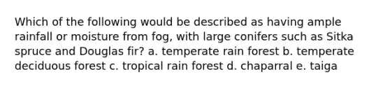 Which of the following would be described as having ample rainfall or moisture from fog, with large conifers such as Sitka spruce and Douglas fir? a. temperate rain forest b. temperate deciduous forest c. tropical rain forest d. chaparral e. taiga