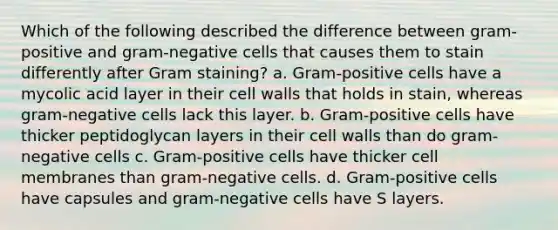 Which of the following described the difference between gram-positive and gram-negative cells that causes them to stain differently after Gram staining? a. Gram-positive cells have a mycolic acid layer in their cell walls that holds in stain, whereas gram-negative cells lack this layer. b. Gram-positive cells have thicker peptidoglycan layers in their cell walls than do gram-negative cells c. Gram-positive cells have thicker cell membranes than gram-negative cells. d. Gram-positive cells have capsules and gram-negative cells have S layers.