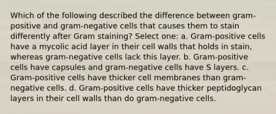 Which of the following described the difference between gram-positive and gram-negative cells that causes them to stain differently after Gram staining? Select one: a. Gram-positive cells have a mycolic acid layer in their cell walls that holds in stain, whereas gram-negative cells lack this layer. b. Gram-positive cells have capsules and gram-negative cells have S layers. c. Gram-positive cells have thicker cell membranes than gram-negative cells. d. Gram-positive cells have thicker peptidoglycan layers in their cell walls than do gram-negative cells.