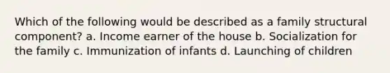 Which of the following would be described as a family structural component? a. Income earner of the house b. Socialization for the family c. Immunization of infants d. Launching of children