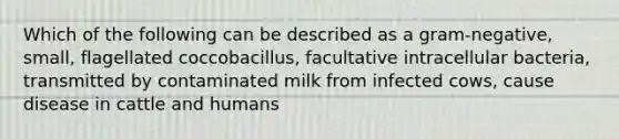 Which of the following can be described as a gram-negative, small, flagellated coccobacillus, facultative intracellular bacteria, transmitted by contaminated milk from infected cows, cause disease in cattle and humans