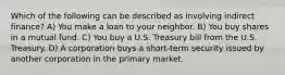 Which of the following can be described as involving indirect finance? A) You make a loan to your neighbor. B) You buy shares in a mutual fund. C) You buy a U.S. Treasury bill from the U.S. Treasury. D) A corporation buys a short-term security issued by another corporation in the primary market.