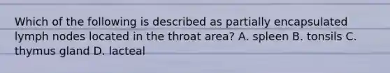 Which of the following is described as partially encapsulated lymph nodes located in the throat area? A. spleen B. tonsils C. thymus gland D. lacteal