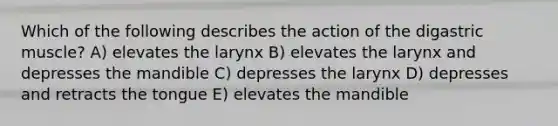 Which of the following describes the action of the digastric muscle? A) elevates the larynx B) elevates the larynx and depresses the mandible C) depresses the larynx D) depresses and retracts the tongue E) elevates the mandible