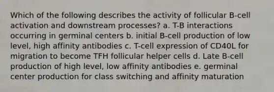 Which of the following describes the activity of follicular B-cell activation and downstream processes? a. T-B interactions occurring in germinal centers b. initial B-cell production of low level, high affinity antibodies c. T-cell expression of CD40L for migration to become TFH follicular helper cells d. Late B-cell production of high level, low affinity antibodies e. germinal center production for class switching and affinity maturation